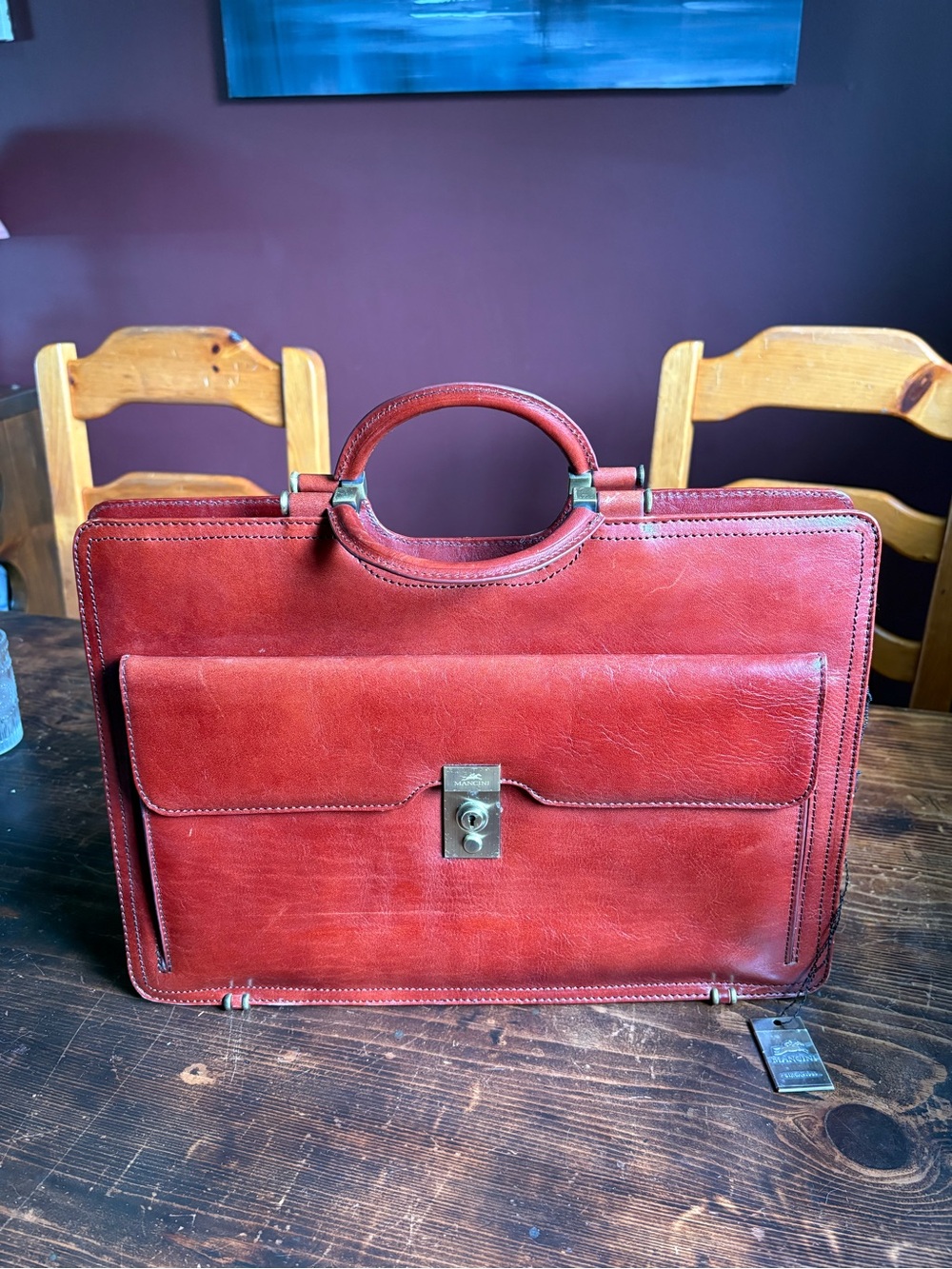 Structured Red Leather Briefcase with Front Lock